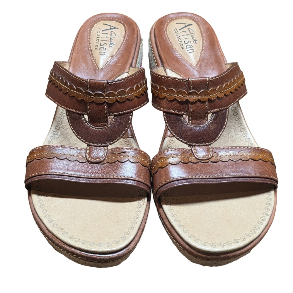 Clarks Artisan Collection Brown Leather Scalloped Wedge Sandals Womens 8M 73532
